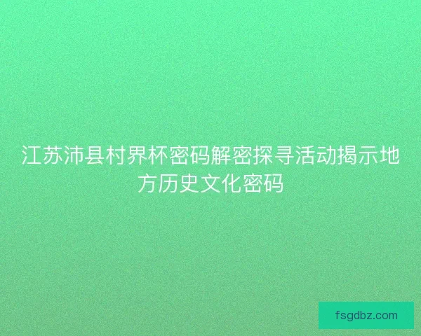 江苏沛县村界杯密码解密探寻活动揭示地方历史文化密码